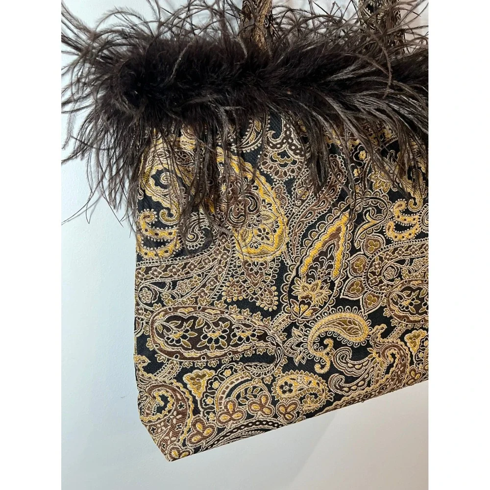 CBK Paisley Feather Tote Bag Brown Gold Tapestry Ostrich Trim Statement Large OS